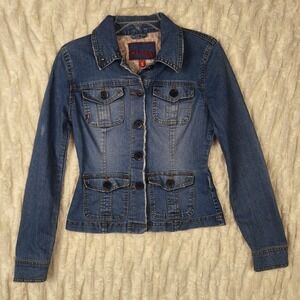 Fitted Denim Jacket Women's Small Floral Lined Y2K Boho Indie 90s Plugg